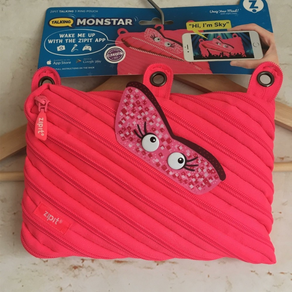 ZIPIT Neon Pink Talking Monstar 3 Ring Storage Holder Pencil Pouch NWT